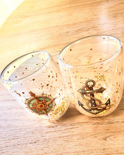 Vasos "Nautical Dreams" con doble pared y copos dorados - set de 2 piezas, capacidad de 300 ml, posibilidad de personalización con grabado.
