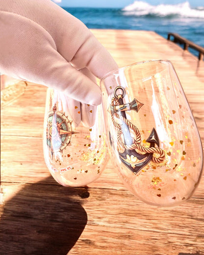 Vasos "Nautical Dreams" con doble pared y copos dorados - set de 2 piezas, capacidad de 300 ml, posibilidad de personalización con grabado.