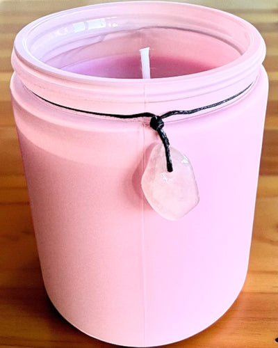 Vela de soja intencional Cuarzo Rosa – amor, armonía y paz del corazón, 250 ml, posibilidad de personalización para regalo