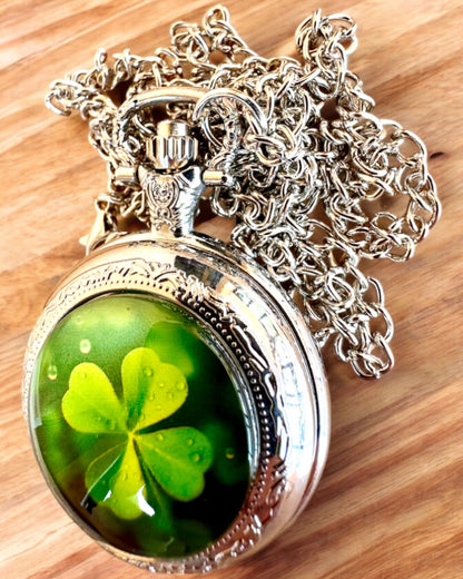 Reloj de bolsillo "CloverTime" con motivo de trébol de cuatro hojas, posibilidad de personalización con grabado para regalo