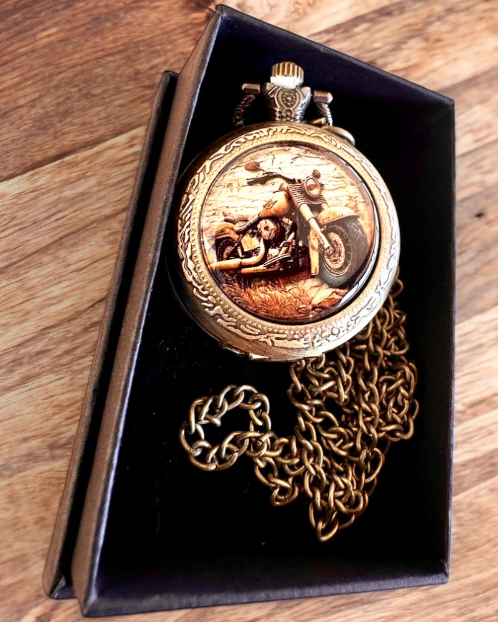 Reloj de Bolsillo Retro "Estilo Motocicleta", posibilidad de personalización con grabado para regalo