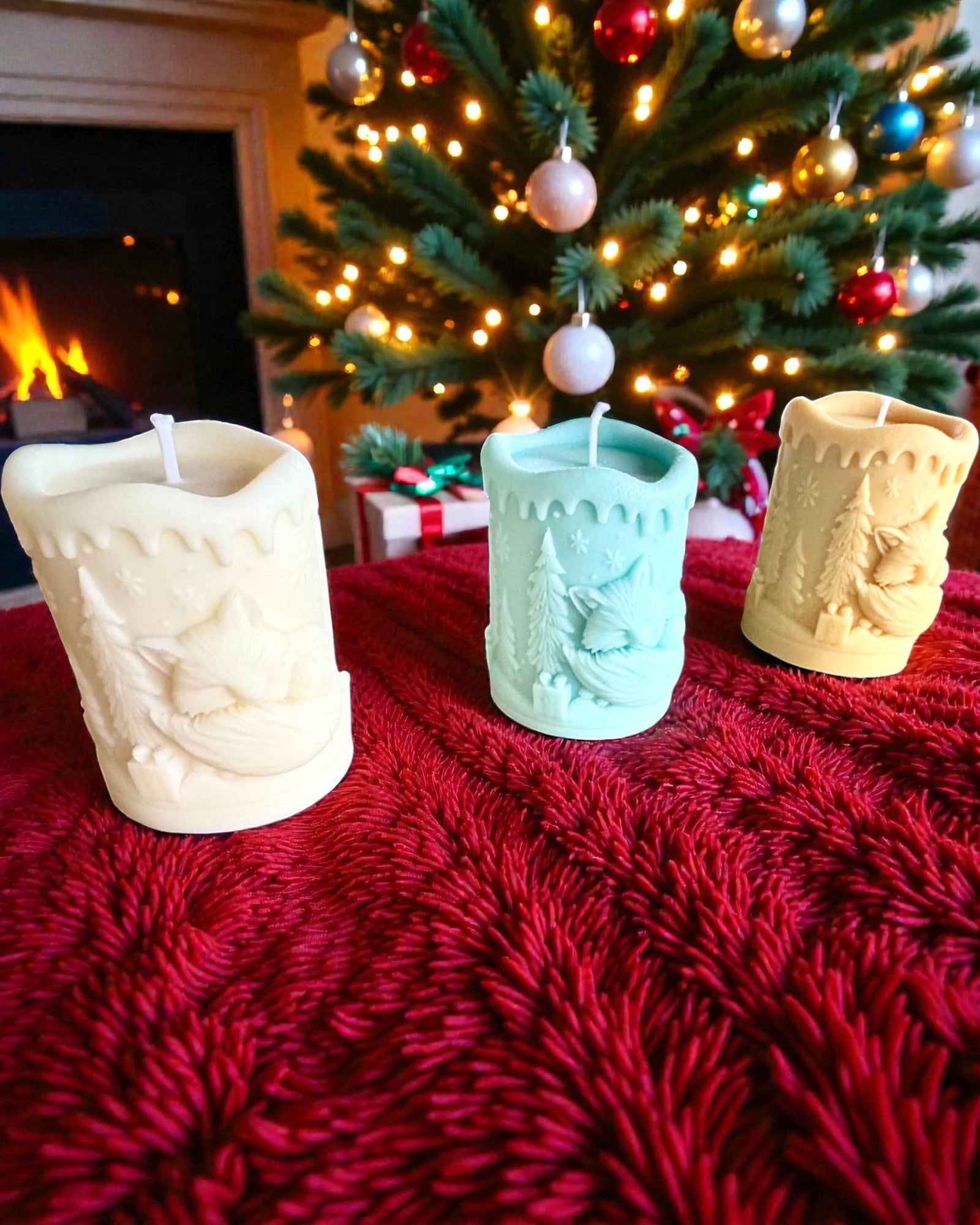 Vela de soja Zorro Invernal, 7,5 cm de altura, vela de soja vertida a mano con un adorable zorro dormido, personalizable con grabado en la placa