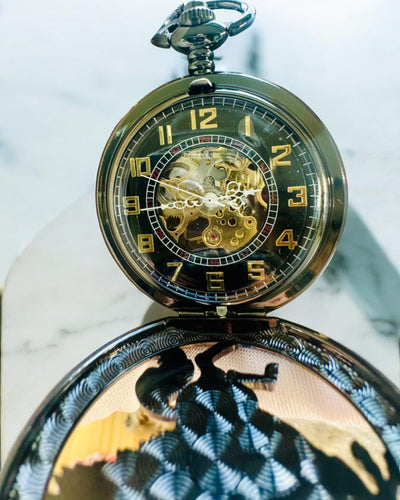 Reloj de Bolsillo "Equus Tempus" - Negro con Motivo de Caballo, posibilidad de personalización con grabado - esfera negra