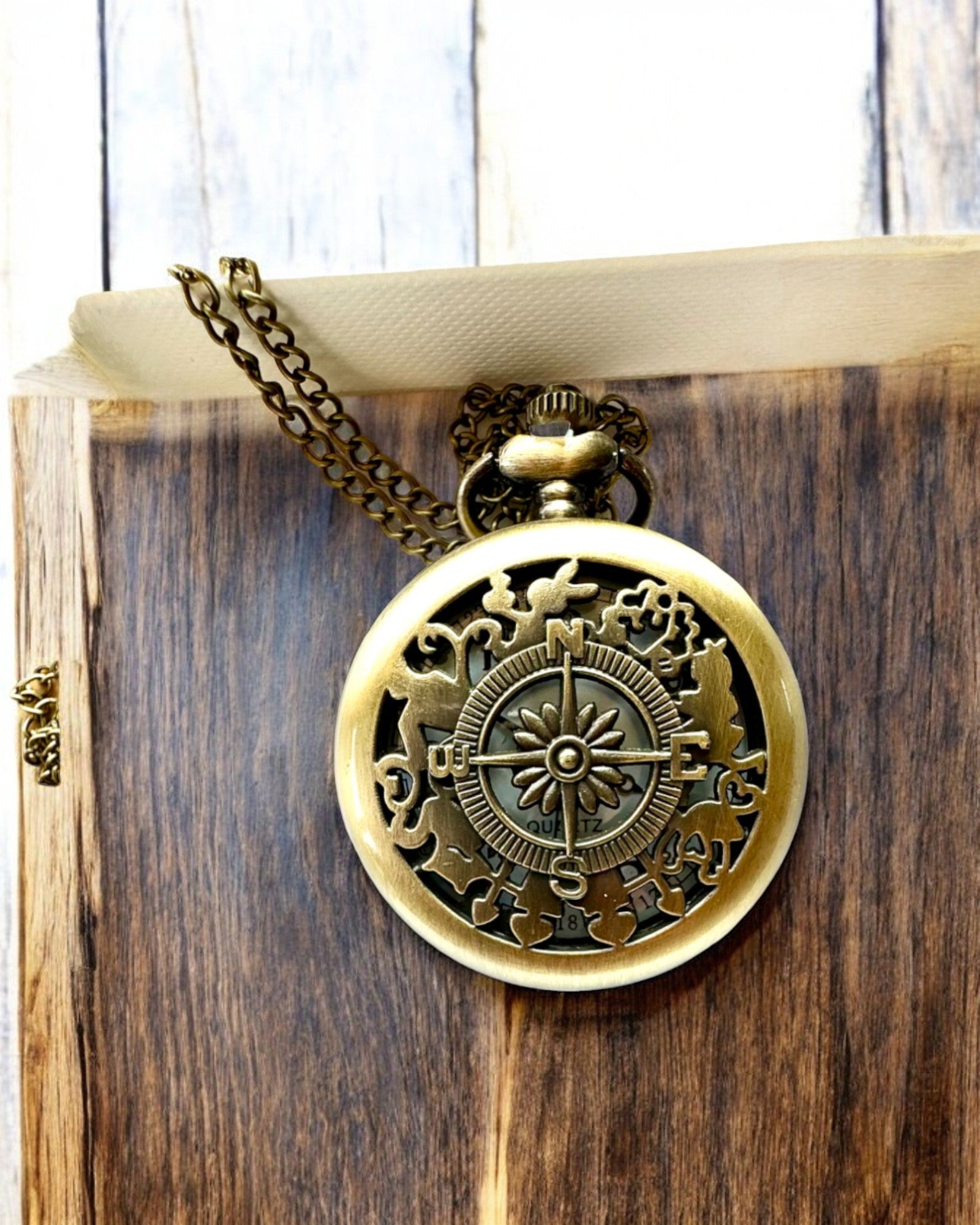Reloj de Bolsillo Antiguo con Motivo de Brújula y Cadena, de Cuarzo, personalización con grabado