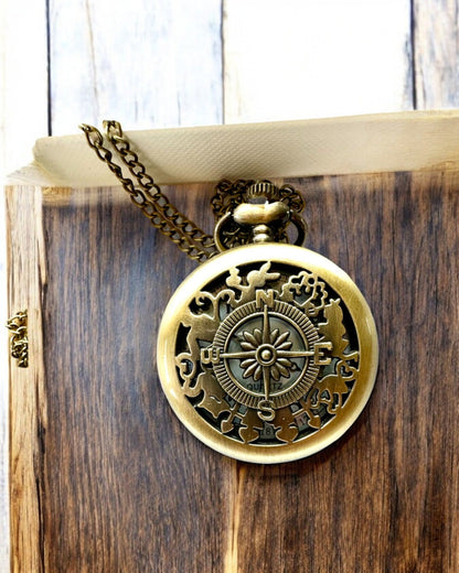 Reloj de Bolsillo Antiguo con Motivo de Brújula y Cadena, de Cuarzo, personalización con grabado