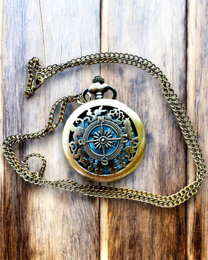 Reloj de Bolsillo Antiguo con Motivo de Brújula y Cadena, de Cuarzo, personalización con grabado