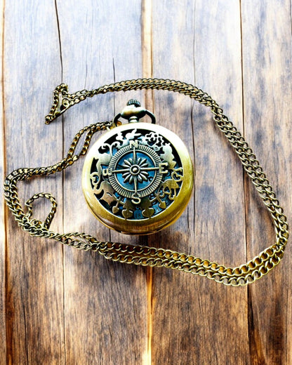 Reloj de Bolsillo Antiguo con Motivo de Brújula y Cadena, de Cuarzo, personalización con grabado