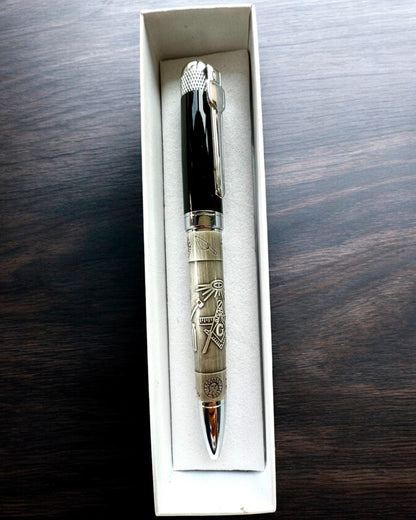 Elegante Bolígrafo "Mistrzowska Harmonia" con Opción de Grabado - Motivos Simbólicos, Plata Antigua, posibilidad de personalización con grabado para regalo