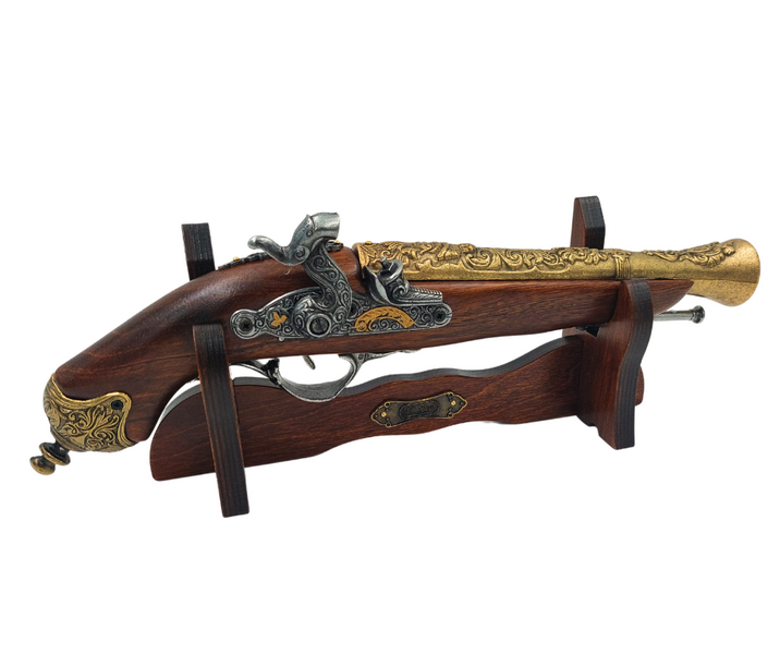 Réplica de pistola de chispa del siglo XVIII en soporte con posibilidad de personalización mediante grabado - Elemento decorativo elegante e ideal para regalo para amantes de la historia - Fabricado en metal y madera, longitud 38 cm