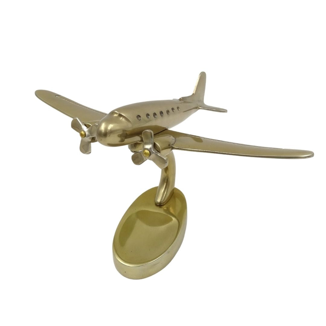 Modelo grande de avión metálico bimotor con opción de personalización con grabado, dorado, 19,5 x 16,5 x 29 cm