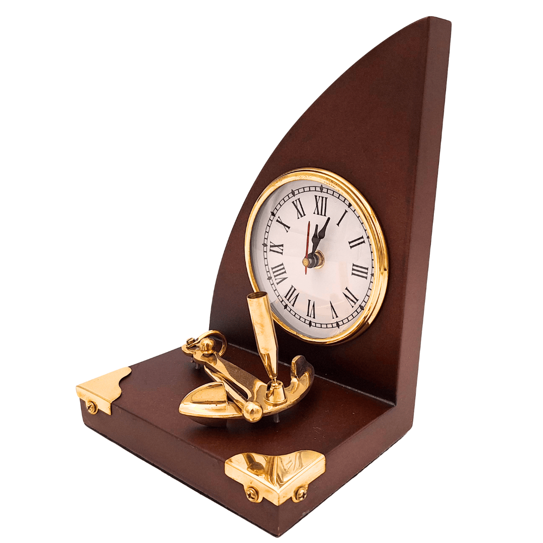 Elegante conjunto marinero de escritorio Reloj y soporte para bolígrafo de latón y madera lacada – Grabado personalizado – Regalo ideal para jefe o amante del estilo vintage – Dimensiones 16 x 12,5 x 23 cm  