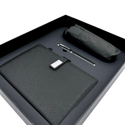 Set de Regalo Elegante con Personalización - Cuaderno de Piel A5, Bolígrafo y Paraguas Negro en Caja de Regalo