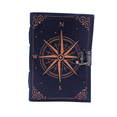 Cuaderno de cuero Rosa de los Vientos retro negro y dorado con grabado personalizado