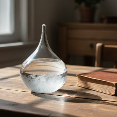 Barómetro de tormenta Fitzroya - Gota Storm Glass con posibilidad de personalización con grabado - regalo elegante en forma de gota, altura 11 cm, recipiente de vidrio con cristales únicos que reaccionan a cambios climáticos