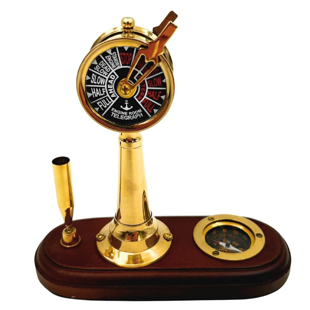 Elegante conjunto de escritorio con grabado – Telégrafo de máquina, brújula y soporte para bolígrafo con base de madera – Regalo ideal para navegante, gerente o amante del estilo retro – Latón y madera de alta calidad, dimensiones 16,5 x 6 x 16,8 cm  