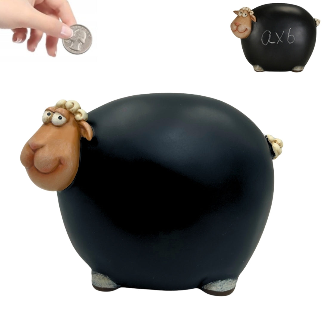 Hucha Ovejita con Pintura de Pizarra con posibilidad de personalización - Negra con elementos beige y blanco, altura 19,5 cm