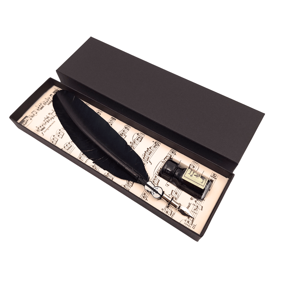 Elegante set de caligrafía con pluma de ganso negra con plumilla, tinta y opción de grabado personalizado