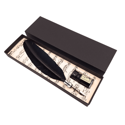 Elegante set de caligrafía con pluma de ganso negra con plumilla, tinta y opción de grabado personalizado