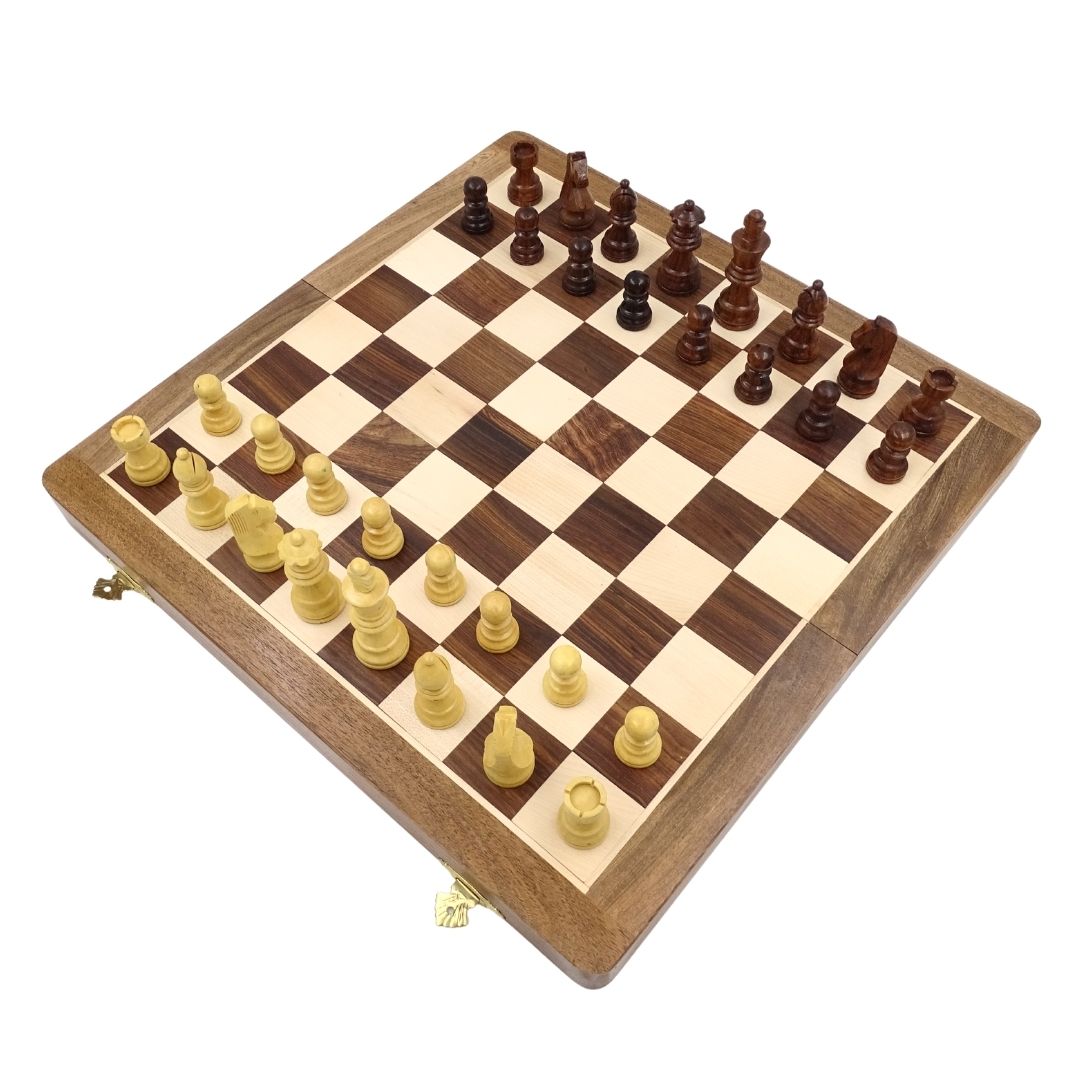 Ajedrez de madera 40x40 cm con grabado - tablero plegable de palisandro indio en color marrón-beige