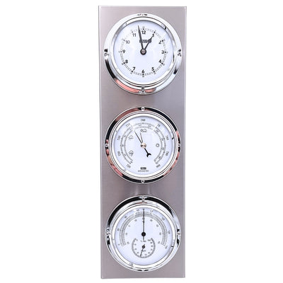 Elegante estación meteorológica exterior con reloj y grabado