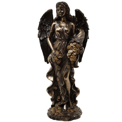 Figura de Fortuna, diosa de la suerte y la riqueza, 29 cm con cuerno de la abundancia - Grabado personalizado para regalo, elegante decoración de conglomerado de resina en tonos marrón y cobre