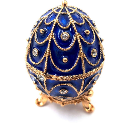 Exclusiva caja metálica con cristales en forma de huevo Fabergé, azul marino y dorado, 5,5x6,5 cm con posibilidad de personalización con grabado