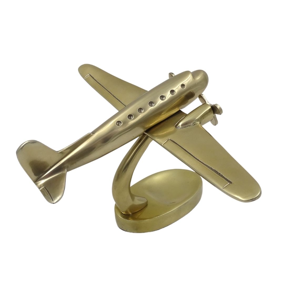 Modelo grande de avión metálico bimotor con opción de personalización con grabado, dorado, 19,5 x 16,5 x 29 cm