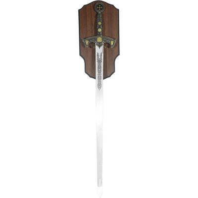 Réplica de espada de los templarios con grabado en soporte de madera