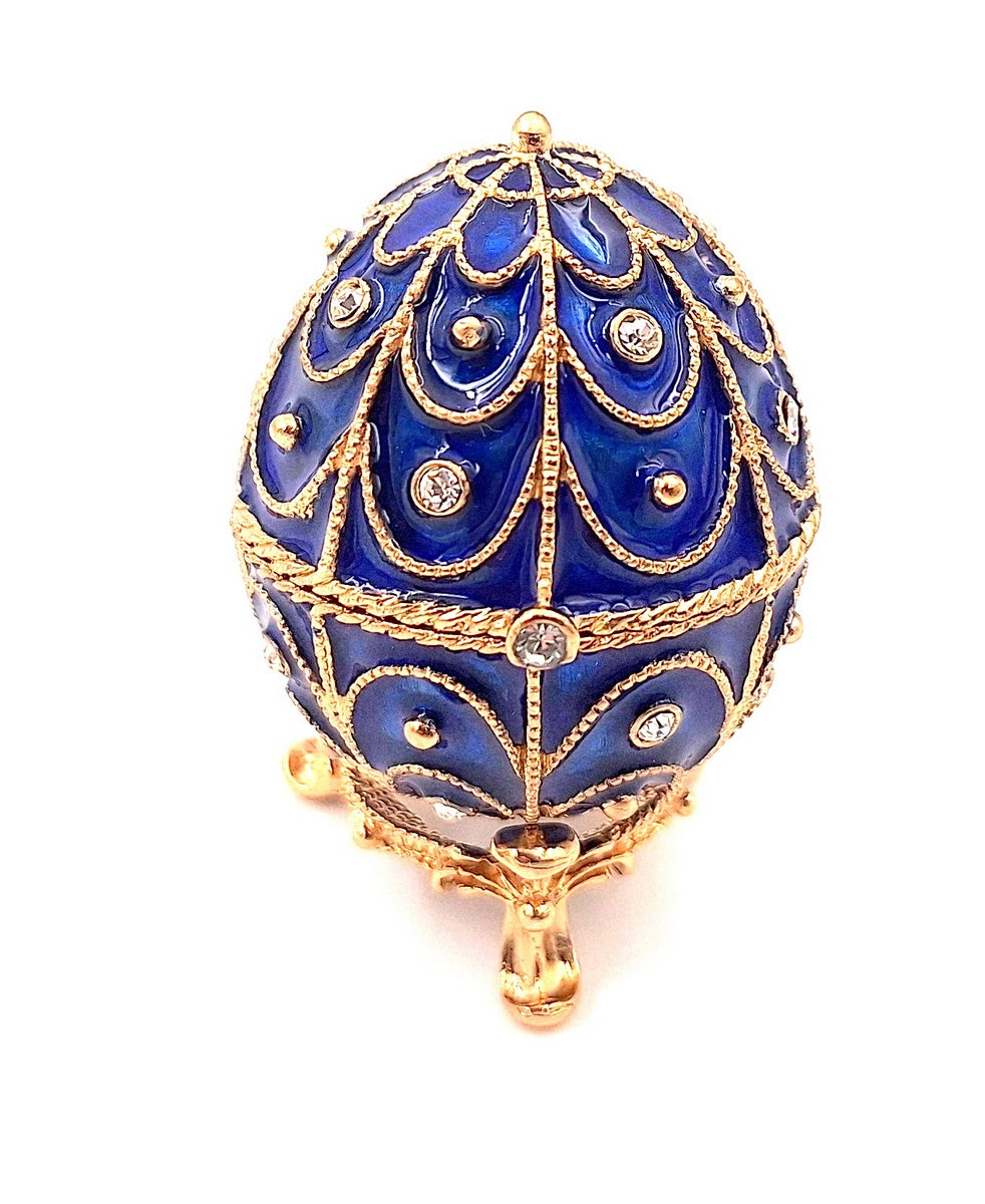 Exclusiva caja metálica con cristales en forma de huevo Fabergé, azul marino y dorado, 5,5x6,5 cm con posibilidad de personalización con grabado