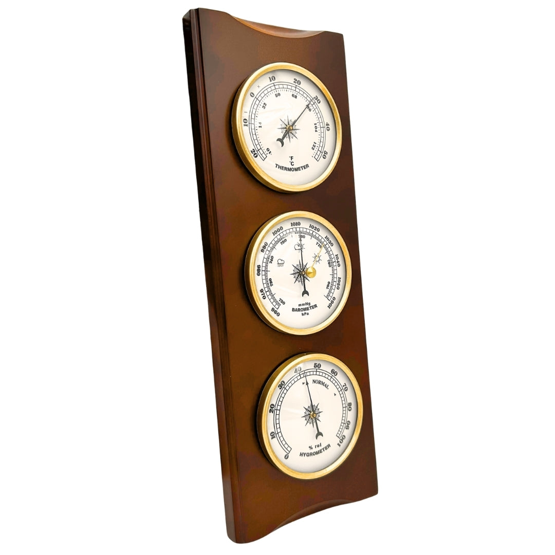Estación Meteorológica Retro Elegante de 36 cm con Grabado – Barómetro, Termómetro, Higrómetro en Caja de Madera