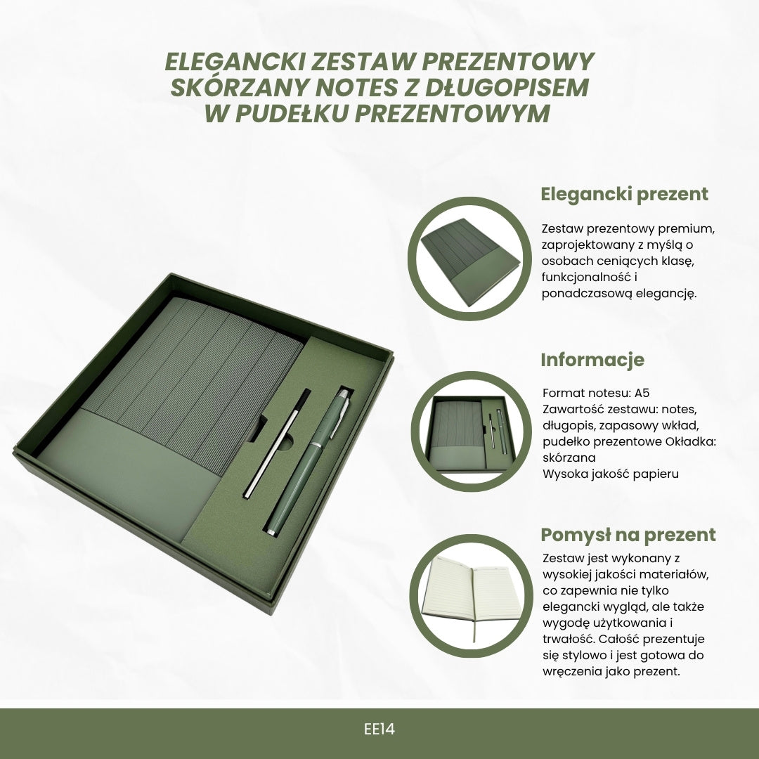 Set de Regalo Elegante con Grabado Personalizado - Cuaderno de Piel A5 en Verde Oliva con Bolígrafo y Recambio en Caja Estética de Regalo