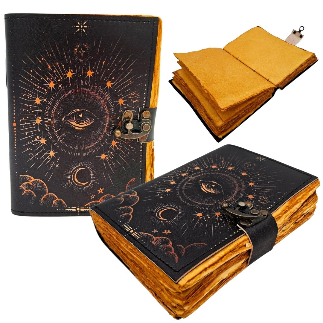 Cuaderno Ojo Cósmico con Grabado - Cuaderno de Piel Retro con 200 Páginas de Papel Amarillo de Piel de Cabra
