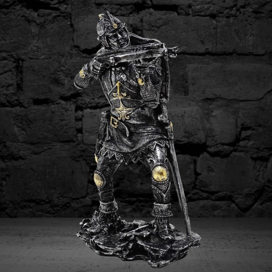 Figura de Caballero Medieval con Ballesta de 20 cm con Posibilidad de Personalización con Grabado - Decoración Plateada y Dorada para Regalo a Amantes de la Historia y Fantasía - Pintada a Mano en Poliresina