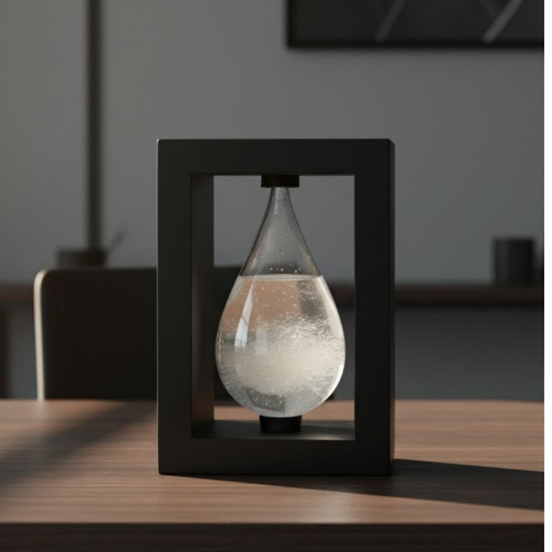 Barómetro de tormenta Fitzroya en marco de madera - Gota Storm Glass con posibilidad de personalización con grabado - regalo ideal para cualquier ocasión - estación meteorológica elegante en estilo moderno con cristales que reaccionan a cambios climáticos