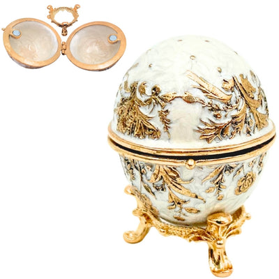 Exclusiva caja joyero huevo Fabergé metálico con cristales en color blanco y dorado con posibilidad de personalización con grabado