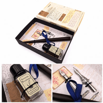 Set de caligrafía con grabado personalizado - pluma italiana con dos plumillas y tintero, ideal para regalo - elegante caja de 12.5x8,5x3cm