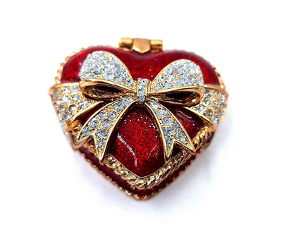 Caja metálica para joyas en forma de corazón con cristales, rojo, dorado y plateado, posibilidad de personalización con grabado, ideal para regalo romántico, dimensiones 4,8 x 4 x 2,5 cm