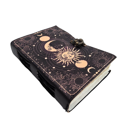 Cuaderno de cuero Sol y Luna decorativo de 200 páginas con posibilidad de personalización con grabado, azul marino, hecho de piel de cabra, ideal para regalo