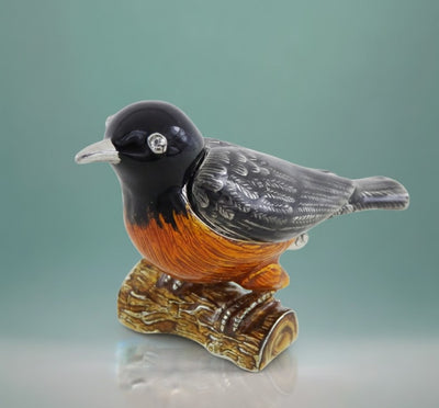 Caja metálica en forma de pajarito con cristales, personalizada con grabado, ideal para regalo - negra, plateada, marrón, naranja, dimensiones 5x6x5 cm, material: metal, esmalte, cristal