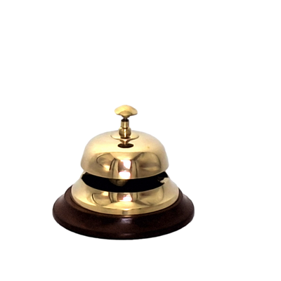 Gong de latón para hotel sobre base de madera TB27/4 con posibilidad de personalización mediante grabado, regalo elegante en color dorado y marrón, altura 11 cm, diámetro 12 cm