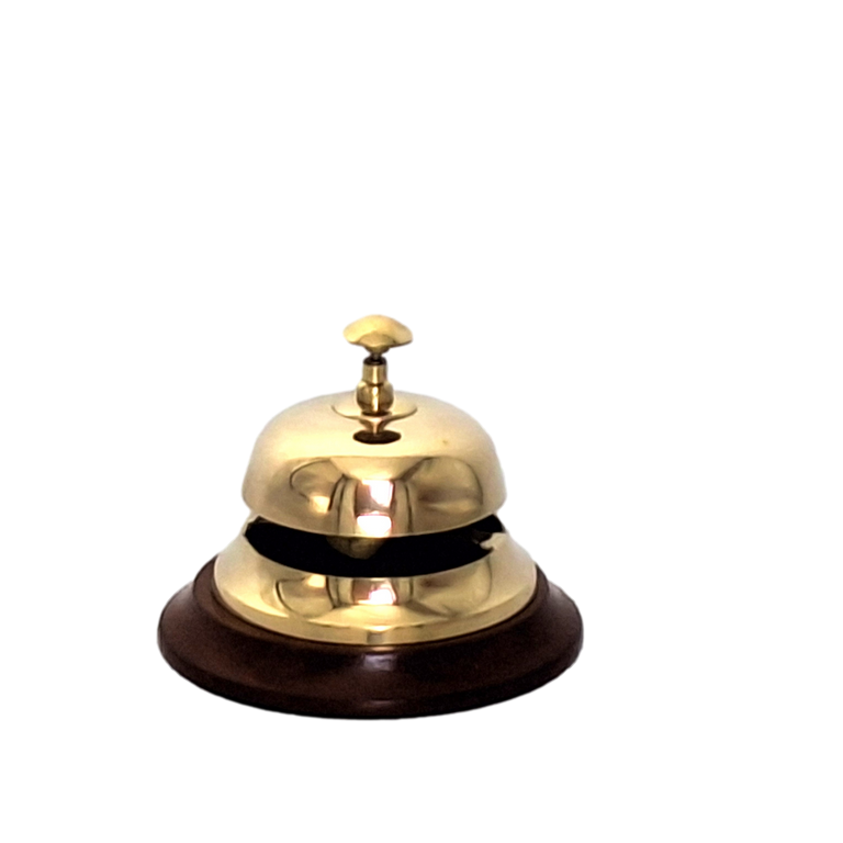 Gong de latón para hotel sobre base de madera TB27/4 con posibilidad de personalización mediante grabado, regalo elegante en color dorado y marrón, altura 11 cm, diámetro 12 cm
