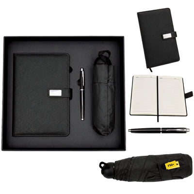 Set de Regalo Elegante con Personalización - Cuaderno de Piel A5, Bolígrafo y Paraguas Negro en Caja de Regalo