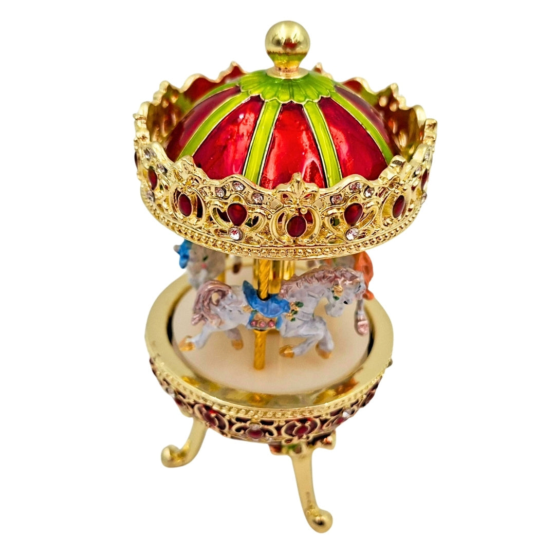Caja de Música Carrusel con Grabado - Decoración Elegante en Dorado y Rojo, 14 cm