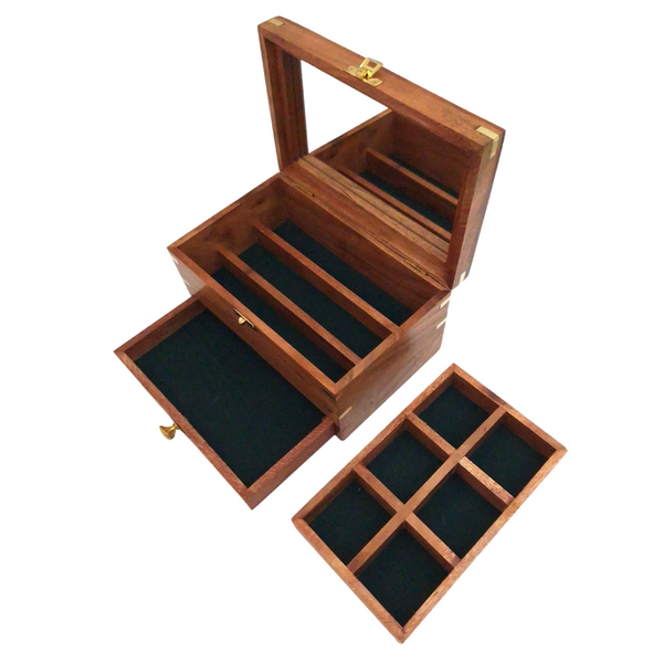 Elegante caja de madera para joyas con espejo y grabado personalizado