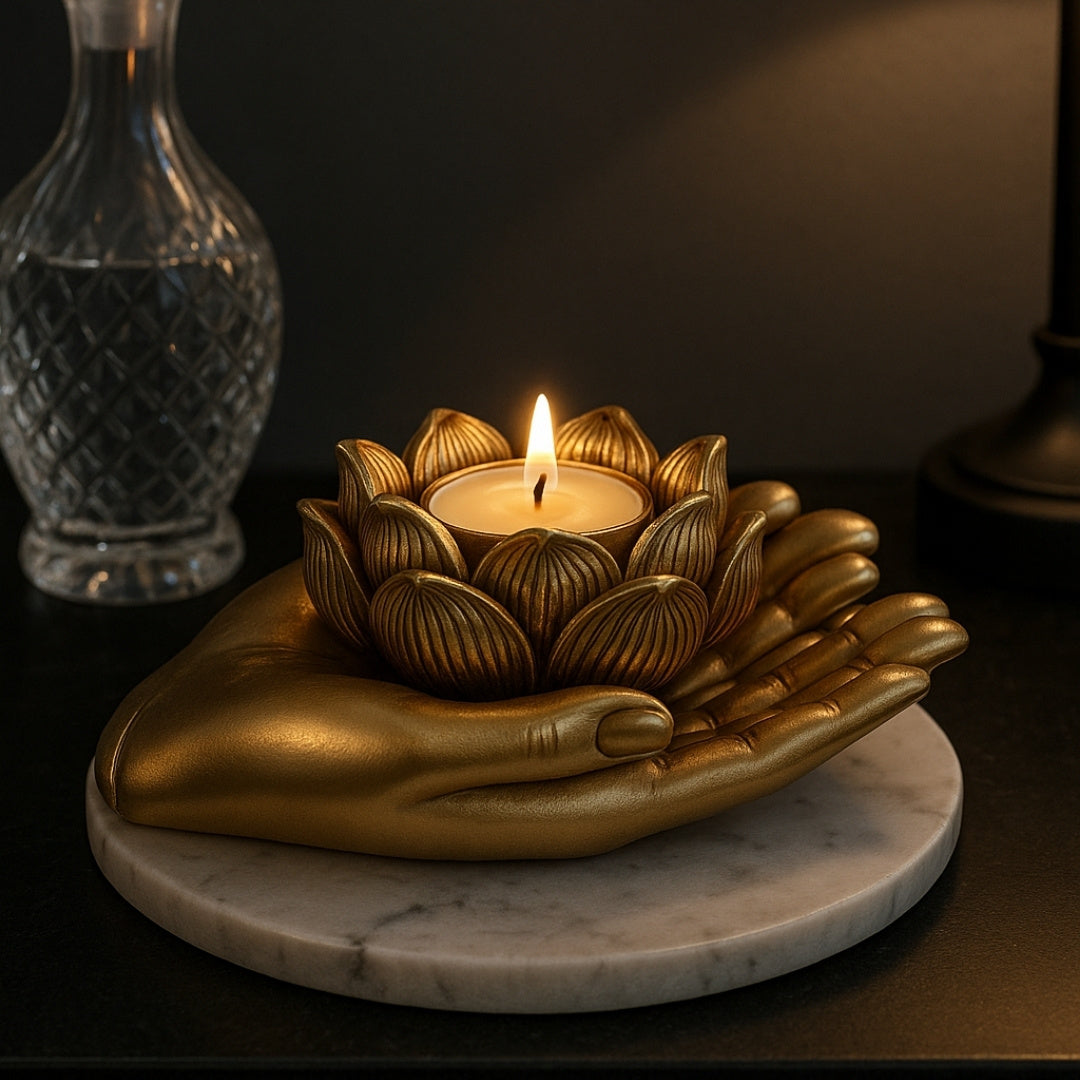 Candelabro dorado Glamour para tealight con opción de grabado personalizado – elegante elemento decorativo para interiores de 11,5 x 9,4 x 4,8 cm de polyresina
