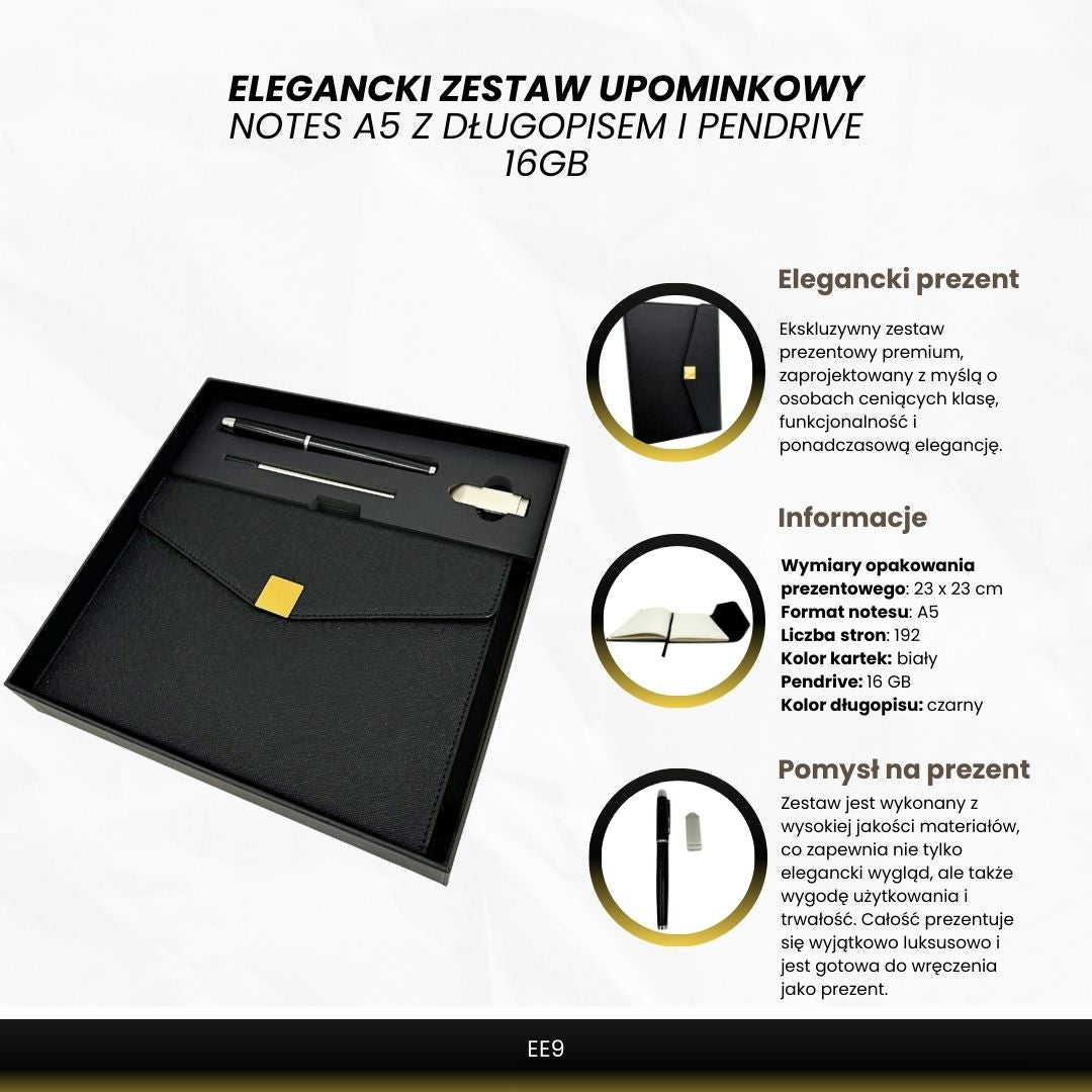 Elegante set de regalo premium con personalización – Cuaderno de cuero A5, bolígrafo y pendrive de 16GB en caja negro y dorado