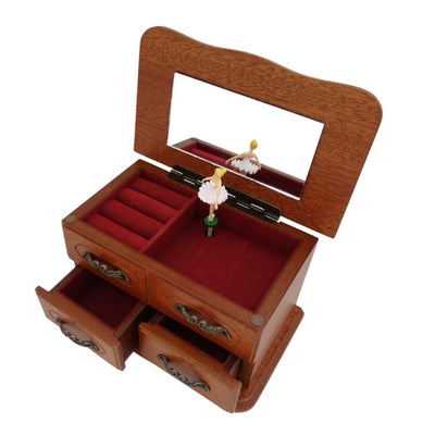 Caja de música de madera tipo joyero con espejo y grabado: un elegante regalo para joyas con dos cajones, 10cm de alto, melodía «The Entertainer»