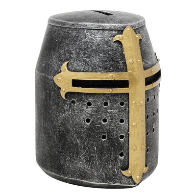 Hucha casco de caballero cruzado con personalización con grabado – regalo único estilo medieval, altura 10 cm, pintado a mano en poliresina