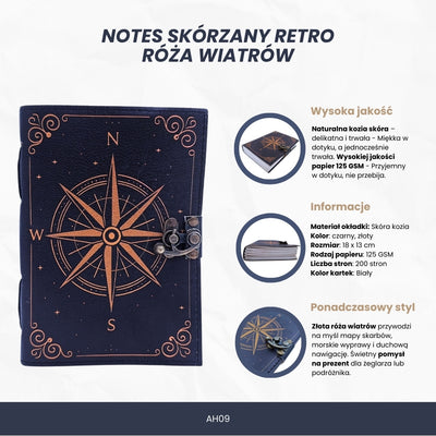 Cuaderno de cuero Rosa de los Vientos retro negro y dorado con grabado personalizado