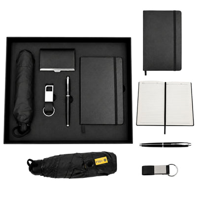 Set de Regalo Elegante Classico con Personalización - Cuaderno de Piel A5, Paraguas, Bolígrafo, Porta Tarjetas y Llavero en Caja Estética de Regalo